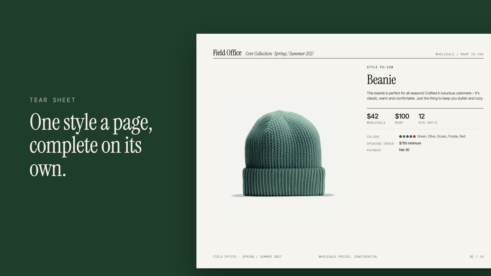 A finished tear sheet page: one product photo, style number, description, wholesale and retail price, minimum, colors and terms