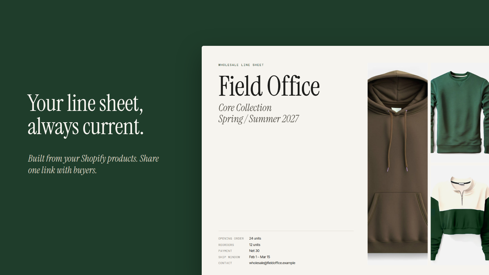 A wholesale line sheet cover and two product pages made by Line Sheet Studio